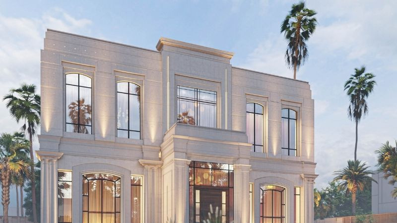 Mặt tiền nhà cổ điển với ban công kiểu Pháp