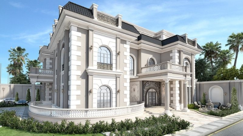 Mặt tiền nhà cổ điển với ban công sắt rèn tinh xảo