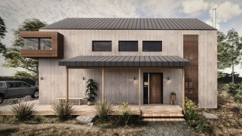 Mặt tiền nhà Nhật Bản với tông màu trầm và vật liệu gỗ