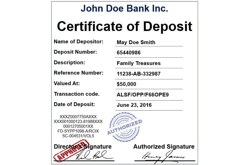 Mẫu chứng chỉ tiền gửi do ngân hàng phát hành, thể hiện rõ các thông tin về kỳ hạn, lãi suất và chủ sở hữu