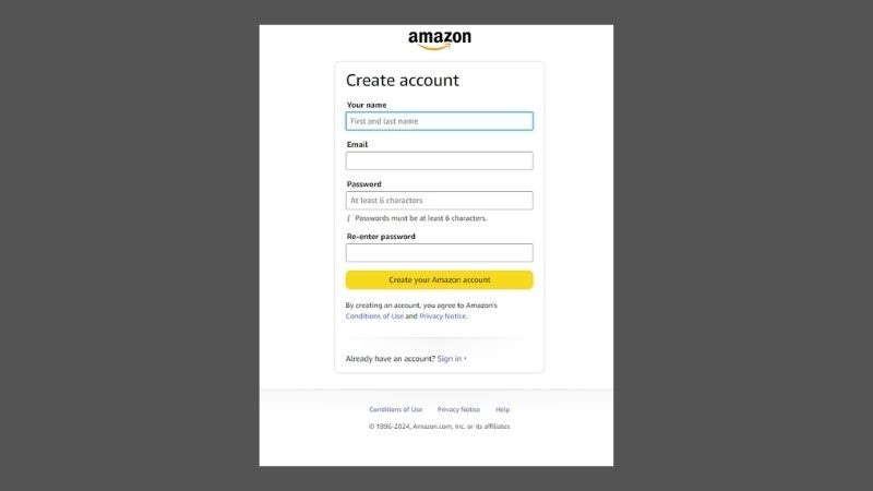 Mẫu điền thông tin cá nhân như tên, email và mật khẩu để tạo tài khoản mới trên Amazon trong quá trình đăng ký Prime
