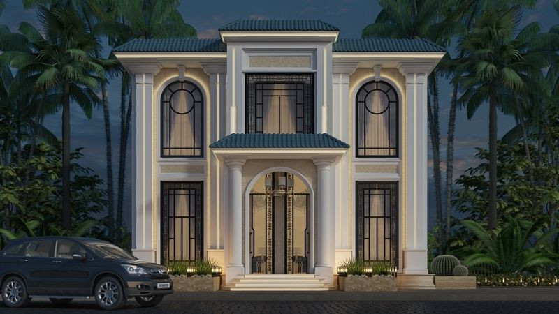 Mẫu nhà cổ điển với sân vườn rộng và cây xanh