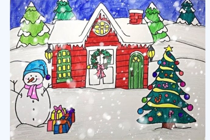 Mẫu tranh vẽ Noel với ông già Noel và quà