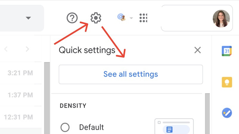Menu cài đặt nhanh trong Gmail, trỏ đến tùy chọn &quot;See all settings&quot; (Xem tất cả cài đặt)