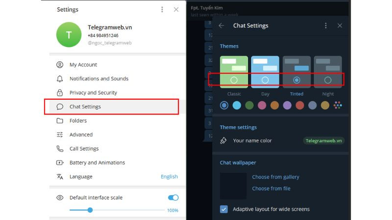 Menu cài đặt tùy chỉnh giao diện (Chat Settings/Appearance) trong Telegram