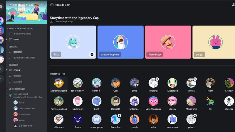 Menu hiển thị danh sách các server Discord đã tham gia