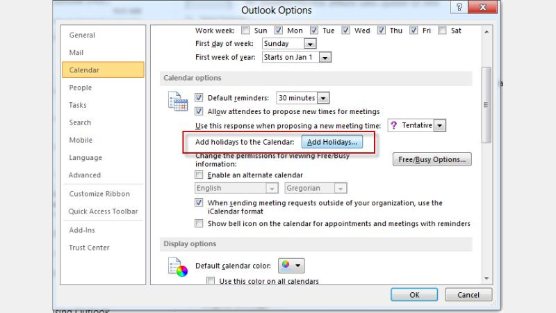 Menu tùy chọn cài đặt Lịch (Calendar Options) trong Microsoft Outlook