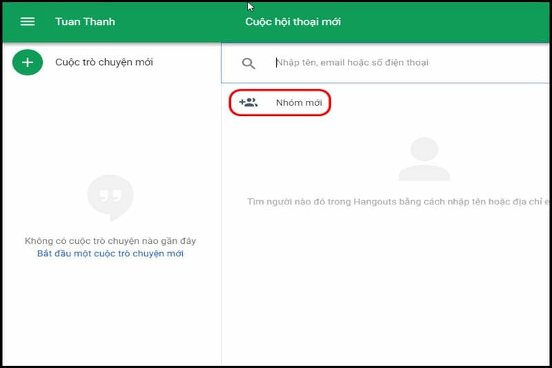 Menu tùy chọn hiển thị &quot;Nhóm mới&quot; sau khi nhấn nút tạo cuộc trò chuyện mới trên Hangouts