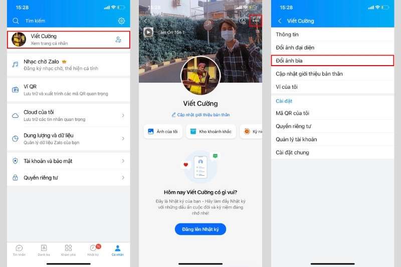 Menu tùy chọn trên trang cá nhân Zalo với mục Đổi ảnh bìa