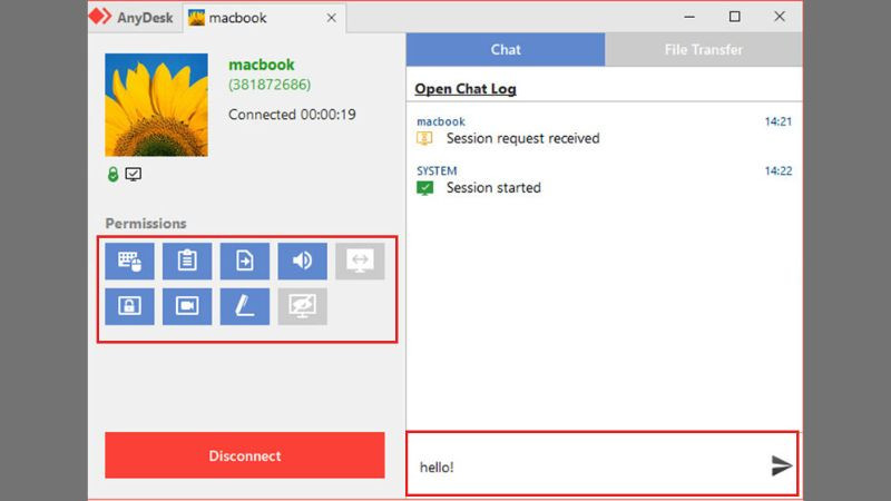 Menu tùy chọn trong AnyDesk mobile, hiển thị các biểu tượng chụp màn hình và chat.