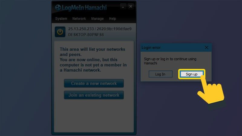 Menu tùy chọn trong Hamachi hiển thị lựa chọn &quot;Sign Up&quot; để đăng ký tài khoản mới