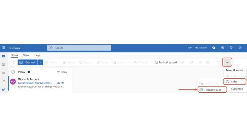 Menu tùy chọn trong Outlook, hiển thị đường dẫn đến cài đặt Rules (Quy tắc)