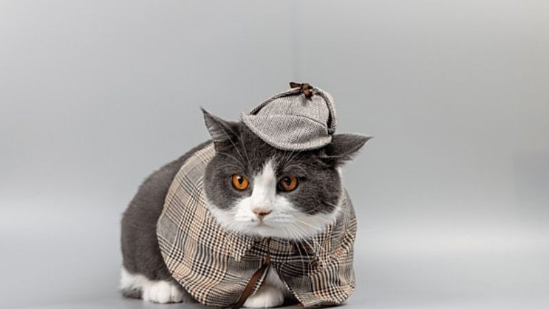 Mèo đeo kính và đọc sách