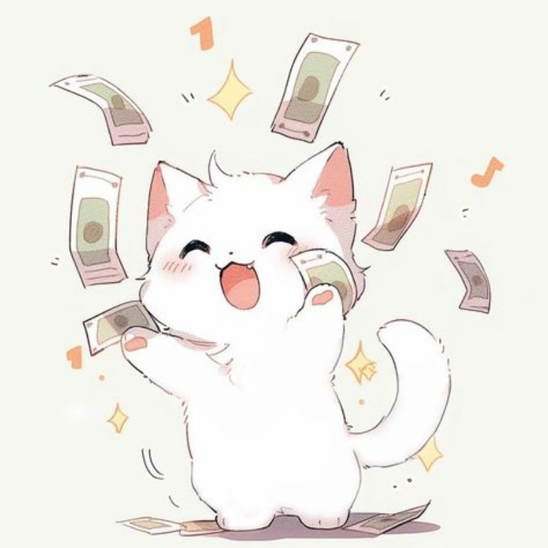 Mèo hoạt hình màu vàng ôm túi tiền lớn, biểu cảm hài hước