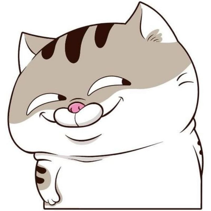 Mèo mập hoạt hình màu xám đang cười lớn, tay giơ lên hài hước