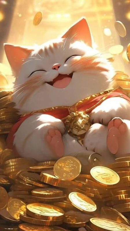 Mèo thần tài bằng sứ trắng truyền thống với chiếc chuông vàng làm hình nền 4K