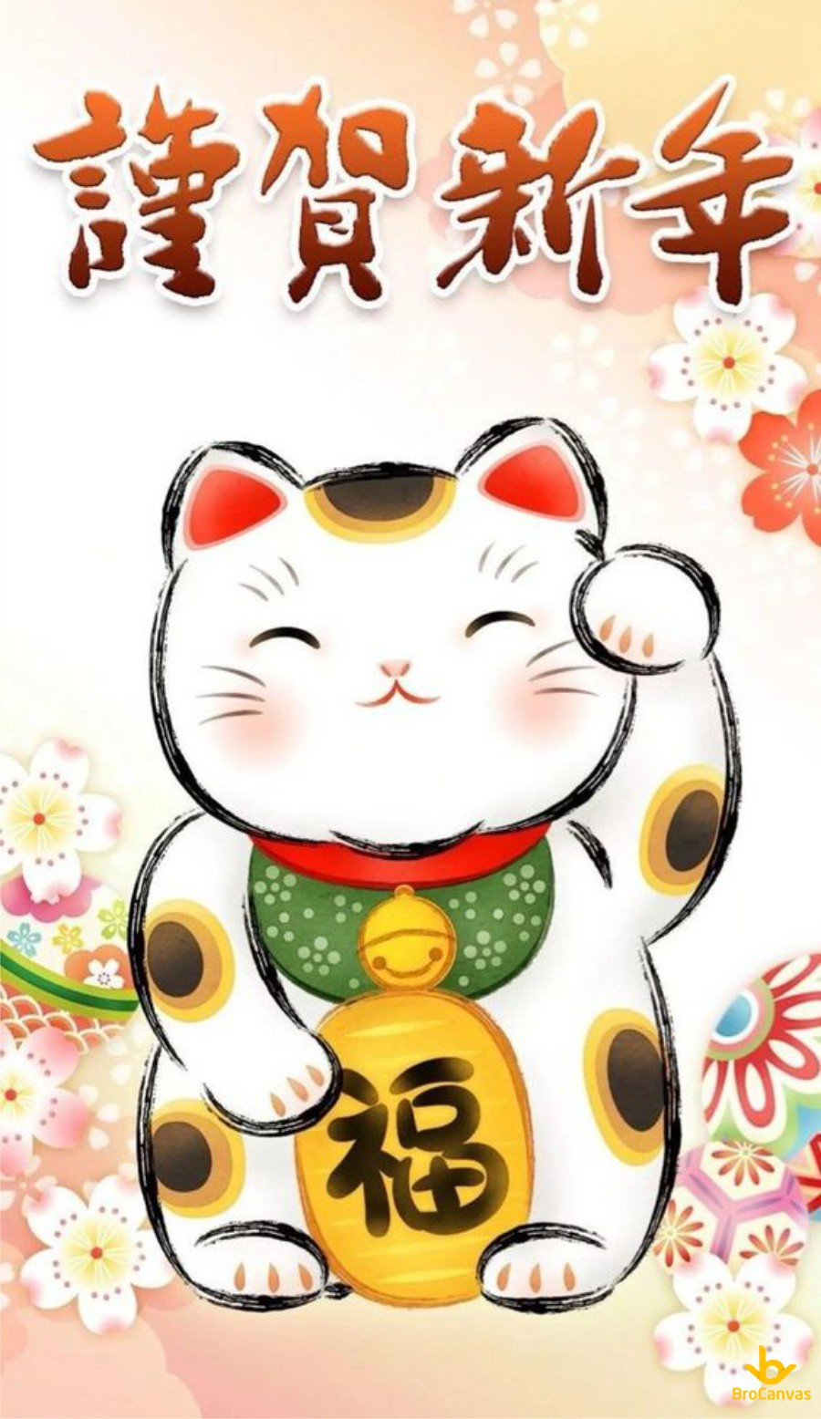 Mèo thần tài hoạt hình màu trắng ngồi cạnh cành hoa anh đào nở rộ
