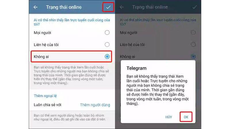Minh họa cài đặt tùy chỉnh hiển thị trạng thái hoạt động Last Seen &amp; Online trên Telegram