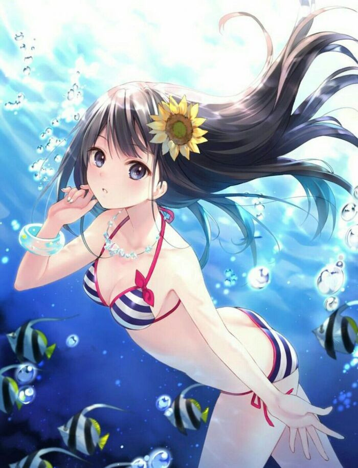 Minh họa cô gái mặc bikini tươi tắn bơi trong nước