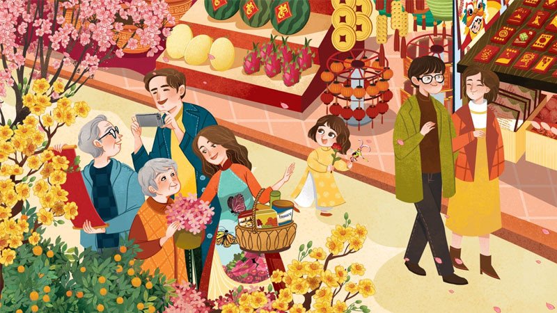 Minh họa Tết gia đình bên cây mai vàng