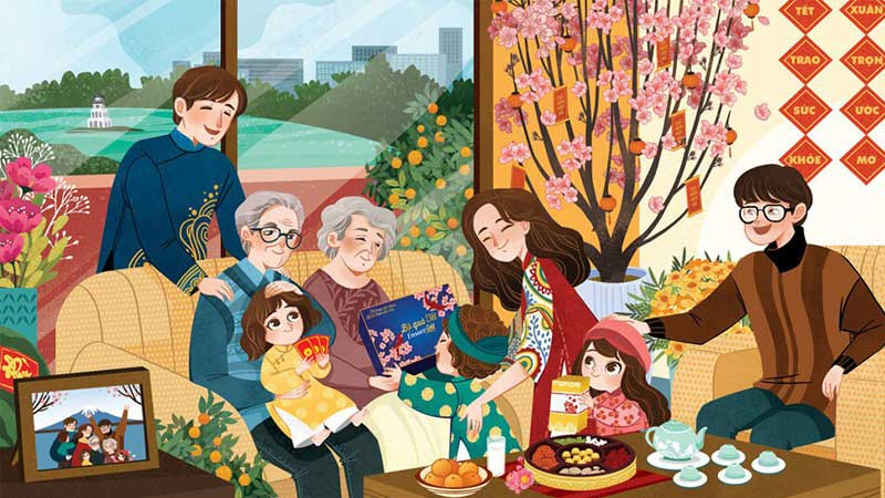 Minh họa Tết gia đình hạnh phúc giản dị
