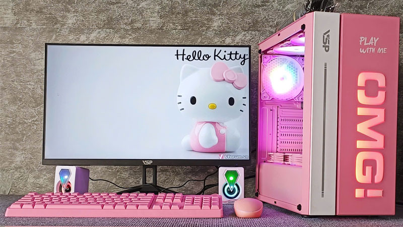 Minh họa vỏ máy tính (PC case) với nhiều kiểu dáng, màu sắc và đèn LED trang trí, cho thấy vai trò bảo vệ linh kiện và thẩm mỹ