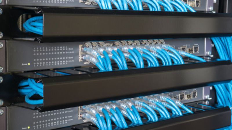 Mớ hỗn độn dây cáp, tượng trưng cho sự phức tạp trong việc quản lý mạng Ethernet có dây ở quy mô lớn