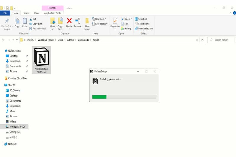 Mở tệp cài đặt Notion (.exe) đã tải về để bắt đầu quá trình cài đặt ứng dụng trên máy tính