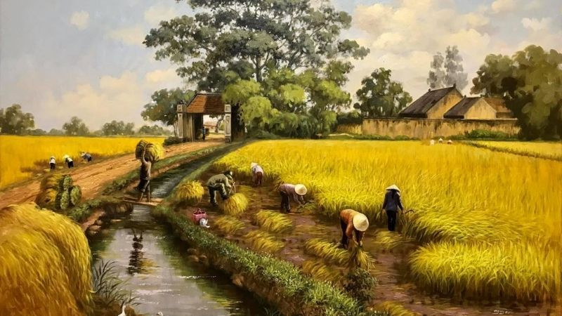 Một bức tranh lụa hoặc màu nước vẽ cảnh ngôi nhà nhỏ bên cạnh cây cổ thụ và ao nước, gợi ký ức tuổi thơ