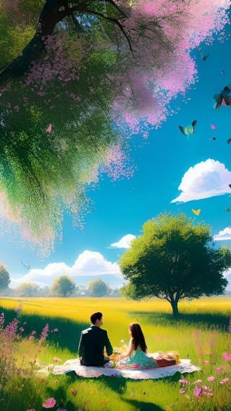 Một buổi hoàng hôn picnic lãng mạn của couple trên bãi cỏ qua nét vẽ Anime