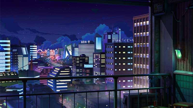 Một con phố nhộn nhịp về đêm được vẽ theo phong cách anime với ánh đèn neon rực rỡ