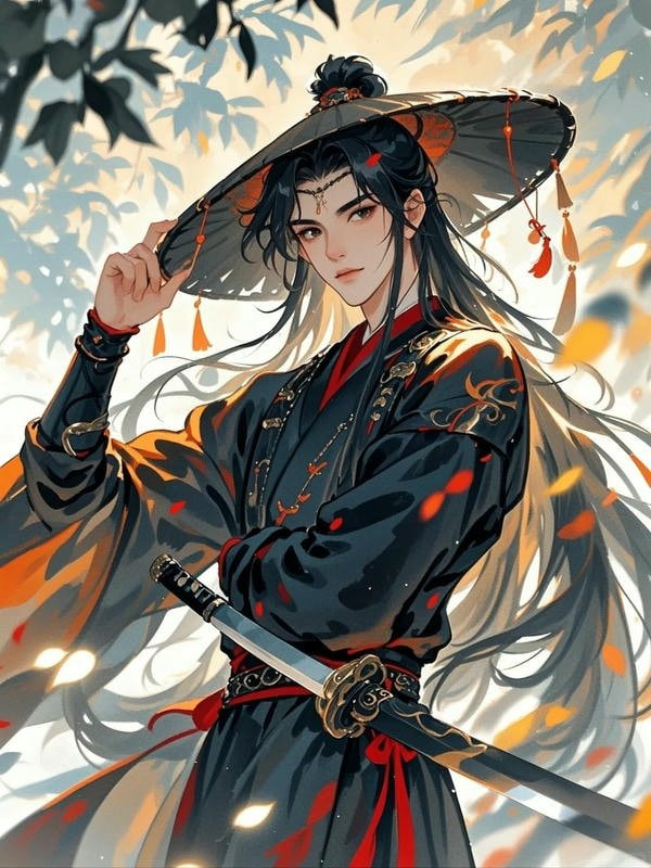 Một nam nhân vật anime cổ trang trong trang phục kiếm sĩ màu đen