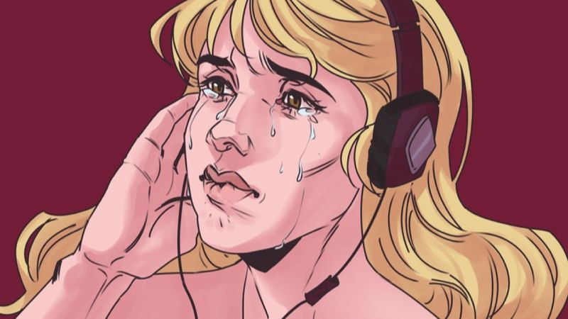 Một người đang ngồi một mình, đeo tai nghe, ánh mắt buồn xa xăm, thể hiện sự chìm đắm trong âm nhạc