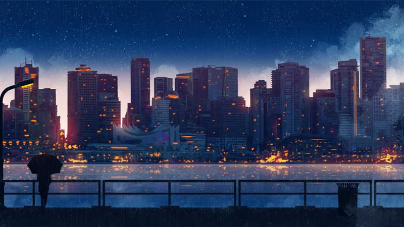 Một nhân vật anime đứng nhìn ra khung cảnh thành phố về đêm buồn bã, dưới trời mưa