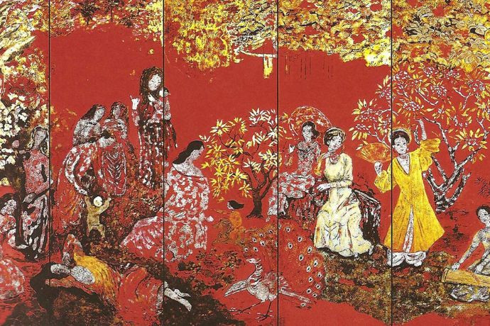 Một phần chi tiết bức tranh Vườn Xuân Trung Nam Bắc thể hiện cảnh sắc mùa xuân đặc trưng của ba miền đất nước qua kỹ thuật sơn mài