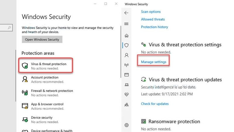 Mục Virus &amp; threat protection settings trong Windows Security