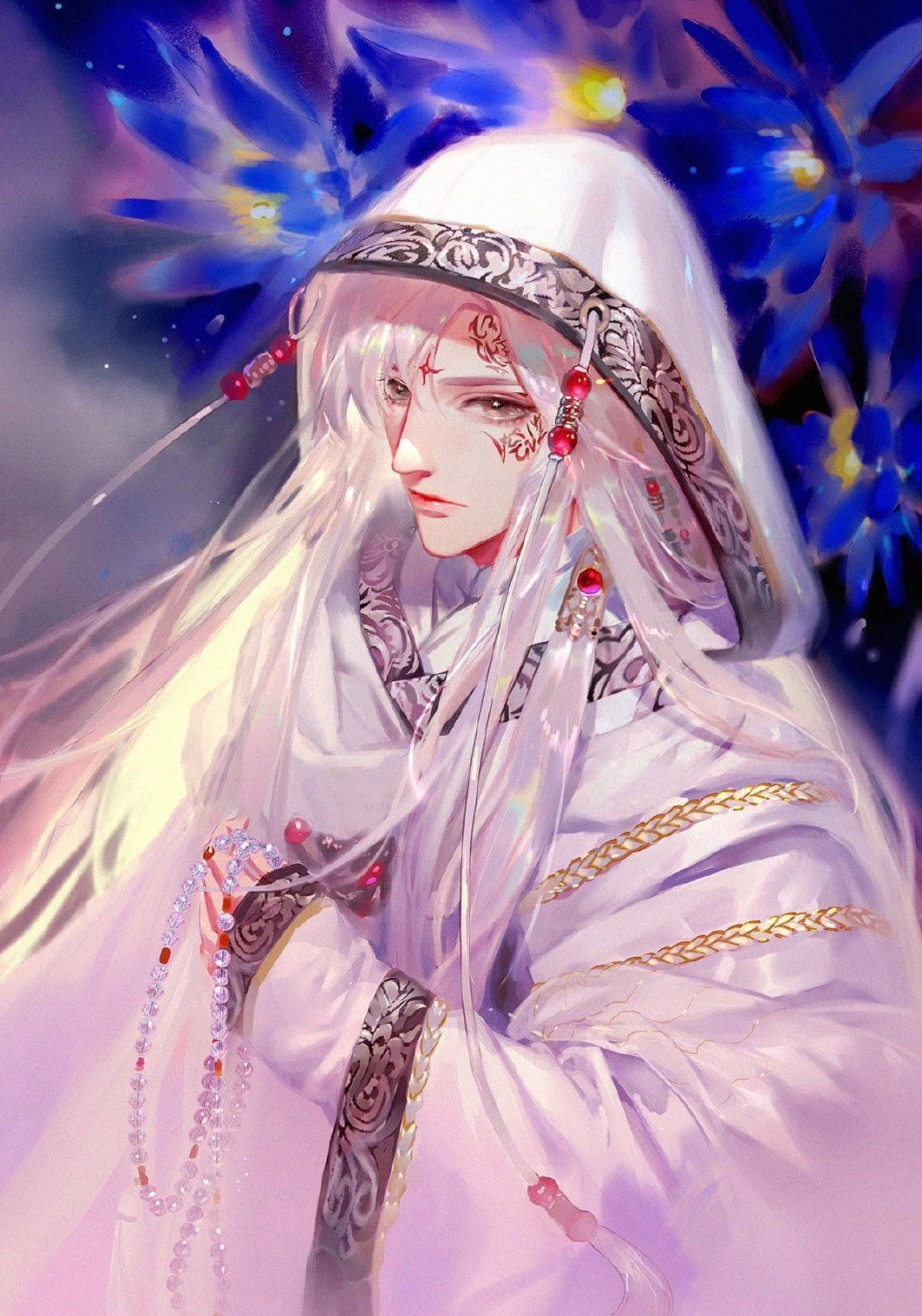 Nam anime cổ trang tóc trắng với ánh mắt sắc lạnh