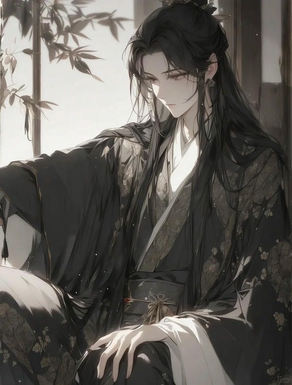 Nam nhân vật anime cổ trang đứng dưới gốc cây, trang phục màu tím