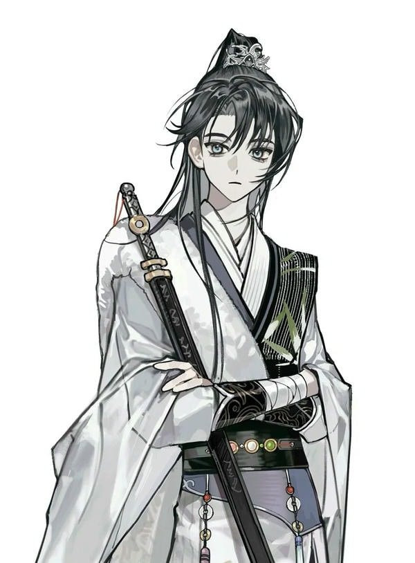 Nam nhân vật anime cổ trang tóc bạch kim, đứng trong sương sớm