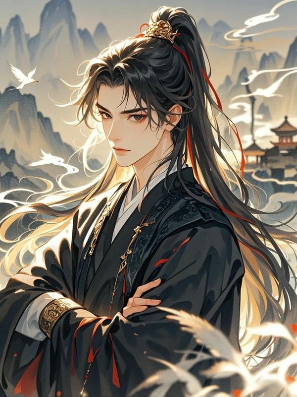 Nam nhân vật anime cổ trang tóc đỏ, trang phục phức tạp