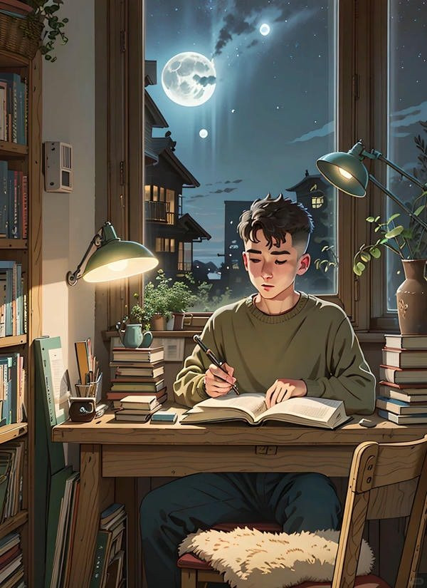 Nam sinh anime đang đọc sách dưới ánh đèn bàn
