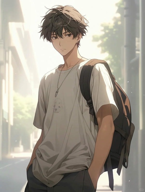 Nam sinh anime đang suy nghĩ, tay chống cằm