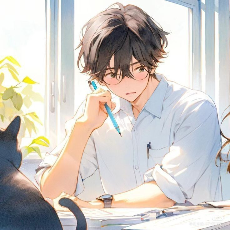 Nam sinh anime đeo kính ngồi trầm tư bên cửa sổ