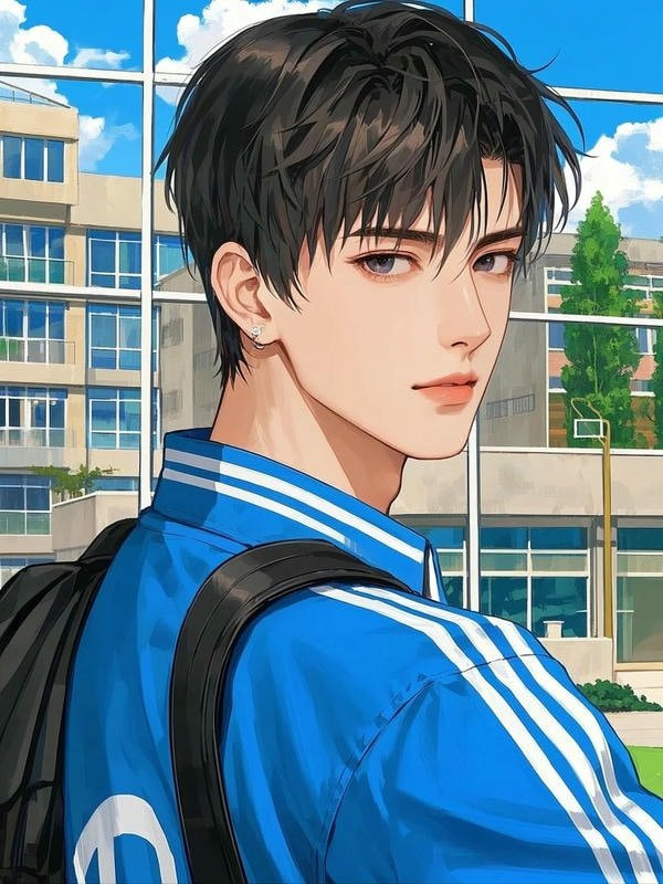 Nam sinh anime mặc đồng phục, đứng khoanh tay dựa vào tường