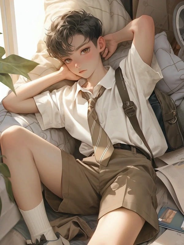 Nam sinh anime nhìn nghiêng, tóc bay trong gió nhẹ