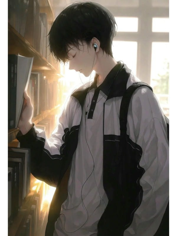 Nam sinh anime với mái tóc đỏ nổi bật, đang cười tươi