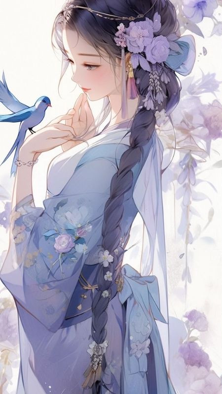 Nàng cổ trang đùa nghịch với chú chim nhỏ trong vườn