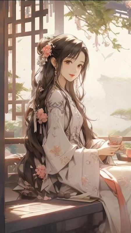 Nàng cổ trang nhìn ngắm cảnh vật bên ngoài trong buổi trà chiều