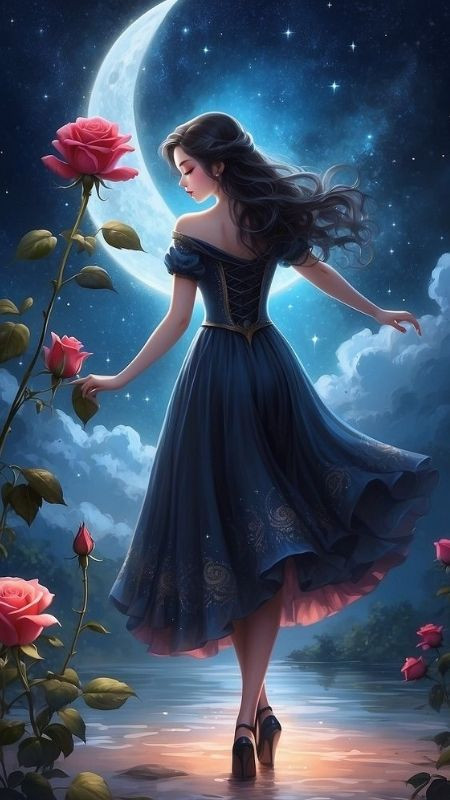 Nàng tiểu thư khiêu vũ cùng hoa hồng dưới đêm trăng