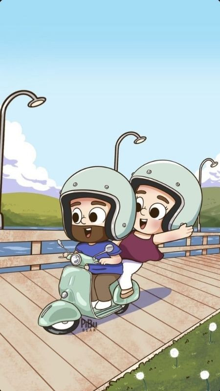 Nét tinh nghịch hài hước của couple khi đi trên xe máy trong hình hoạt hình